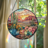 Desert Cactus Stained Glass Suncatcher, Sunset Landscape Window Art, Southwestern Sun Catcher, Nature Glass Decor, Boho Home Gift
