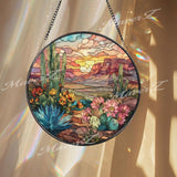 Desert Cactus Stained Glass Suncatcher, Sunset Landscape Window Art, Southwestern Sun Catcher, Nature Glass Decor, Boho Home Gift