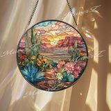 Desert Cactus Stained Glass Suncatcher, Sunset Landscape Window Art, Southwestern Sun Catcher, Nature Glass Decor, Boho Home Gift