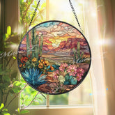 Desert Cactus Stained Glass Suncatcher, Sunset Landscape Window Art, Southwestern Sun Catcher, Nature Glass Decor, Boho Home Gift