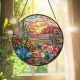 Desert Cactus Stained Glass Suncatcher, Sunset Landscape Window Art, Southwestern Sun Catcher, Nature Glass Decor, Boho Home Gift