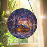 Winter Cabin Stained Glass Suncatcher, Snowy Forest Window Art, Cozy Home Sun Catcher, Rustic Glass Decor, Holiday Gift for Nature Lover