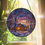 Winter Cabin Stained Glass Suncatcher, Snowy Forest Window Art, Cozy Home Sun Catcher, Rustic Glass Decor, Holiday Gift for Nature Lover