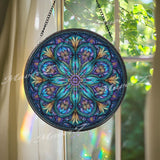 Mandala Stained Glass Suncatcher, Blue Floral Window Art, Boho Sun Catcher, Sacred Geometry Glass Decor, Meditation Gift, Zen Home