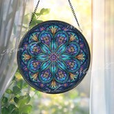 Mandala Stained Glass Suncatcher, Blue Floral Window Art, Boho Sun Catcher, Sacred Geometry Glass Decor, Meditation Gift, Zen Home