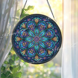 Mandala Stained Glass Suncatcher, Blue Floral Window Art, Boho Sun Catcher, Sacred Geometry Glass Decor, Meditation Gift, Zen Home