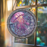 Jellyfish Stained Glass Suncatcher, Ocean Window Art, Marine Life Sun Catcher, Purple Sea Glass Decor, Beach Lover Gift, Nautical Home
