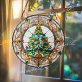 Christmas Tree Stained Glass Suncatcher, Holiday Window Hanging Ornament, Festive Round Glass Art, Winter Home Decoration Gift
