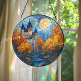 Castle Stained Glass Suncatcher, Fantasy Window Hanging Art, Autumn Landscape Glass Decor, Fairytale Home Decoration Gift