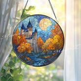 Castle Stained Glass Suncatcher, Fantasy Window Hanging Art, Autumn Landscape Glass Decor, Fairytale Home Decoration Gift