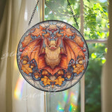 Bat Stained Glass Suncatcher, Autumn Gothic Window Art, Halloween Decor, Orange Leaf Design, Spooky Animal Ornament Gift