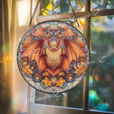 Bat Stained Glass Suncatcher, Autumn Gothic Window Art, Halloween Decor, Orange Leaf Design, Spooky Animal Ornament Gift