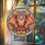 Bat Stained Glass Suncatcher, Autumn Gothic Window Art, Halloween Decor, Orange Leaf Design, Spooky Animal Ornament Gift