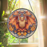 Bat Stained Glass Suncatcher, Autumn Gothic Window Art, Halloween Decor, Orange Leaf Design, Spooky Animal Ornament Gift