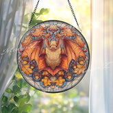 Bat Stained Glass Suncatcher, Autumn Gothic Window Art, Halloween Decor, Orange Leaf Design, Spooky Animal Ornament Gift