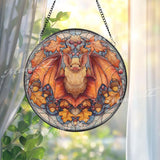Bat Stained Glass Suncatcher, Autumn Gothic Window Art, Halloween Decor, Orange Leaf Design, Spooky Animal Ornament Gift