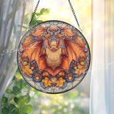 Bat Stained Glass Suncatcher, Autumn Gothic Window Art, Halloween Decor, Orange Leaf Design, Spooky Animal Ornament Gift