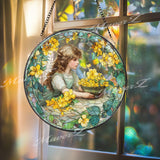 Girl with Yellow Flowers Stained Glass Suncatcher, Vintage Window Art, Floral Home Decor, Romantic Garden Gift for Her