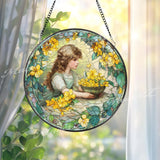 Girl with Yellow Flowers Stained Glass Suncatcher, Vintage Window Art, Floral Home Decor, Romantic Garden Gift for Her