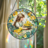 Girl with Yellow Flowers Stained Glass Suncatcher, Vintage Window Art, Floral Home Decor, Romantic Garden Gift for Her