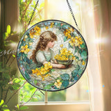 Girl with Yellow Flowers Stained Glass Suncatcher, Vintage Window Art, Floral Home Decor, Romantic Garden Gift for Her