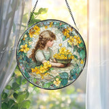 Girl with Yellow Flowers Stained Glass Suncatcher, Vintage Window Art, Floral Home Decor, Romantic Garden Gift for Her
