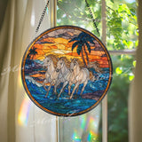Running Horses Stained Glass Suncatcher, Ocean Sunset Window Art, Wild Horse Decor, Beach Scene Glass Ornament, Nature Gift