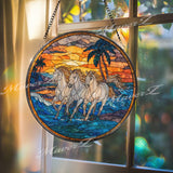 Running Horses Stained Glass Suncatcher, Ocean Sunset Window Art, Wild Horse Decor, Beach Scene Glass Ornament, Nature Gift