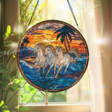 Running Horses Stained Glass Suncatcher, Ocean Sunset Window Art, Wild Horse Decor, Beach Scene Glass Ornament, Nature Gift