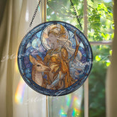 Elven Goddess Stained Glass Suncatcher, Fantasy Moon Art, Golden Elf Window Hanging, Mythical Deer Design, Magical Gift Decor