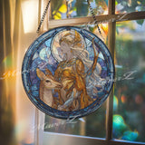 Elven Goddess Stained Glass Suncatcher, Fantasy Moon Art, Golden Elf Window Hanging, Mythical Deer Design, Magical Gift Decor