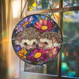 Hedgehog Stained Glass Suncatcher, Floral Window Art, Cute Animal Decor, Colorful Garden Glass Ornament, Nature Lover Gift