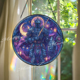 Moon Knight Stained Glass Suncatcher, Celestial Warrior Art, Fantasy Window Hanging, Starry Night Decor, Gothic Gift for Him