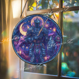 Moon Knight Stained Glass Suncatcher, Celestial Warrior Art, Fantasy Window Hanging, Starry Night Decor, Gothic Gift for Him