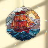 Sailing Ship Acrylic Suncatcher, Ocean Waves and Sunset Window Hanging, Nautical Art Decor, Maritime Acrylic Gift for Sea Lovers