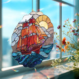 Sailing Ship Acrylic Suncatcher, Ocean Waves and Sunset Window Hanging, Nautical Art Decor, Maritime Acrylic Gift for Sea Lovers