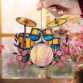 Yellow Drum Set Acrylic Suncatcher, Music Instrument Window Hanging, Floral Band Art, Colorful Musician Gift Acrylic Home Decor