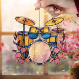 Yellow Drum Set Acrylic Suncatcher, Music Instrument Window Hanging, Floral Band Art, Colorful Musician Gift Acrylic Home Decor