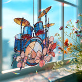 Drum Set Acrylic Suncatcher, Blue Music Instrument Window Hanging, Floral Rock Band Art, Musician Gift Acrylic Home Decor
