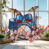 Drum Set Acrylic Suncatcher, Blue Music Instrument Window Hanging, Floral Rock Band Art, Musician Gift Acrylic Home Decor