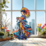 Oriental Lady Acrylic Suncatcher, Asian Woman with Parasol Window Hanging, Blue Gold Kimono Art, Elegant Acrylic Home Decor Gift