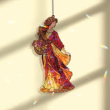 Autumn Lady Acrylic Suncatcher, Woman with Flower Basket Window Hanging, Red Orange Fall Art Nouveau Acrylic Home Decor Gift