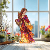 Autumn Lady Acrylic Suncatcher, Woman with Flower Basket Window Hanging, Red Orange Fall Art Nouveau Acrylic Home Decor Gift