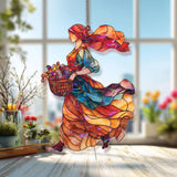 Harvest Lady Acrylic Suncatcher, Autumn Woman with Basket Window Hanging, Colorful Fall Art, Rustic Farmhouse Acrylic Home Decor