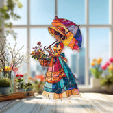 Flower Lady Acrylic Suncatcher, Woman with Umbrella Window Hanging, Colorful Spring Garden Art, Vintage Acrylic Home Decor Gift
