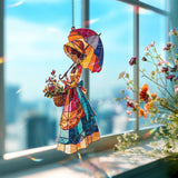 Flower Lady Acrylic Suncatcher, Woman with Umbrella Window Hanging, Colorful Spring Garden Art, Vintage Acrylic Home Decor Gift