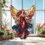 Guardian Angel Acrylic Suncatcher, Elegant Red and Gold Winged Woman Window Hanging, Celestial Spiritual Acrylic Home Decor Gift