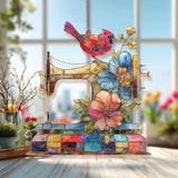 Sewing Machine Acrylic Suncatcher, Red Cardinal and Floral Window Hanging, Quilter Gift, Sewing Room Acrylic Art Home Decor