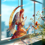 Angel on Crescent Moon Acrylic Suncatcher, Praying Guardian Angel Window Hanging, Celestial Spiritual Acrylic Home Decor Gift