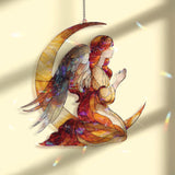 Angel on Crescent Moon Acrylic Suncatcher, Praying Guardian Angel Window Hanging, Celestial Spiritual Acrylic Home Decor Gift